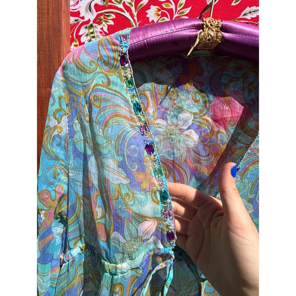 Turquoise Flare Sleeve Sheer Psychedelic Pastel Jeweled Babydoll Blouse - Picture 5 of 15